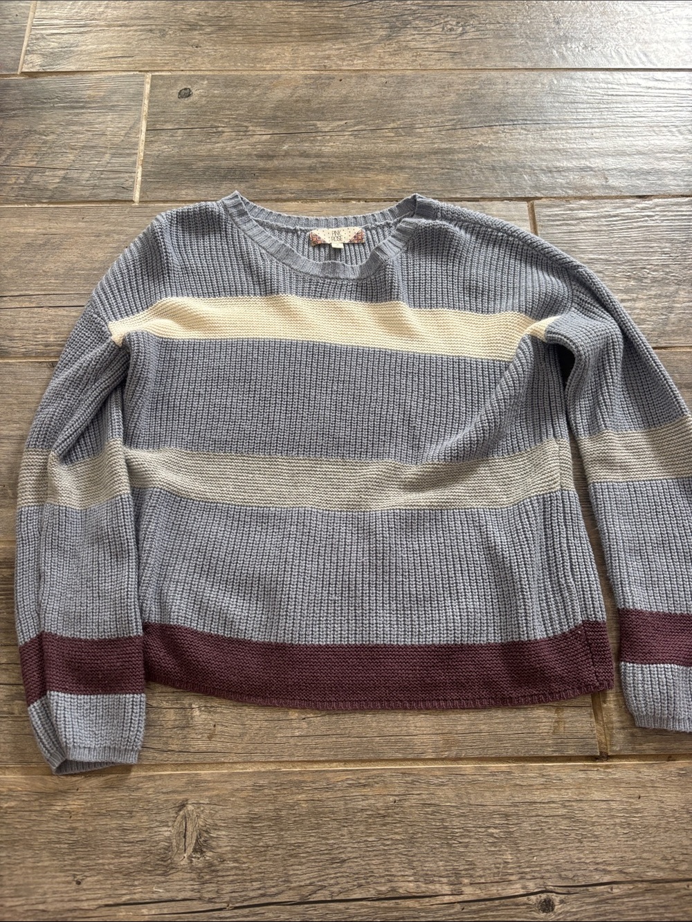 Pink Rose Women’s Crewneck Sweater in Gray, Cream & Burgundy